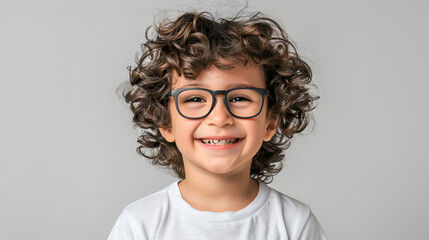 Obraz premium Cheerful young boy with tousled curls and spectacles, exuding happiness against a grey background.