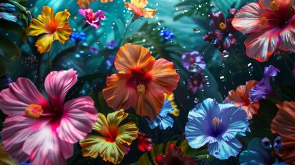 Fototapeta na wymiar A burst of tropical paradise vivid flowers raining down in a riot of colors.