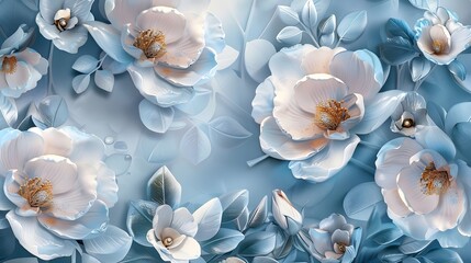 3d flowers blue cream motif wallpaper pattern background