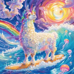 Obraz premium Surfing llama with rainbow fins, jellyfish, refreshing lagoon