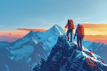 Hiker helping friend reach the mountain top, Generative Ai illustration - obrazy, fototapety, plakaty