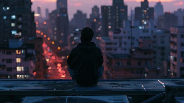 A lone figure sits on the edge of the rooftop lost in thought as they overlook the lively cityscape below taking a moment to escape . .