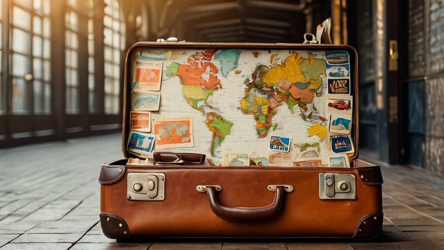 Vintage suitcase with world map design