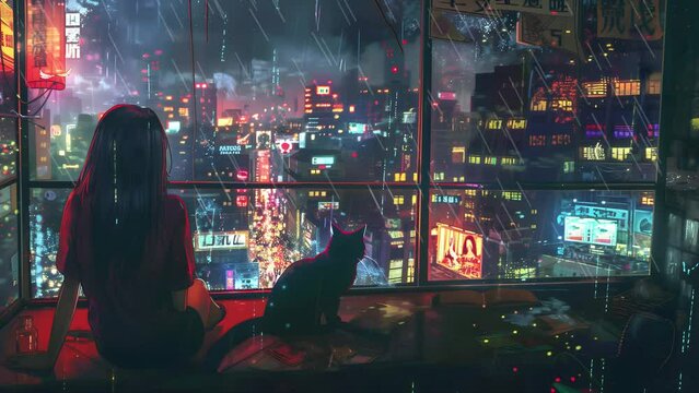A girl with short hair stands by the window, looking at the night city lights. She is wearing black and has her side to us. wearing headphones , The background features neon lighting from buildings . 