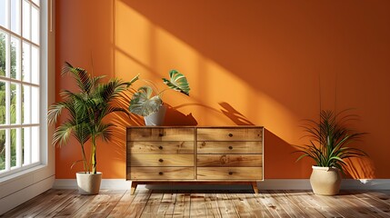 Solid Wood Dressers & Chests, an orange wall in a living room, in the style of light beige and beige, weathercore, light amber and green. For design, 3d render, decoration, lifestyle