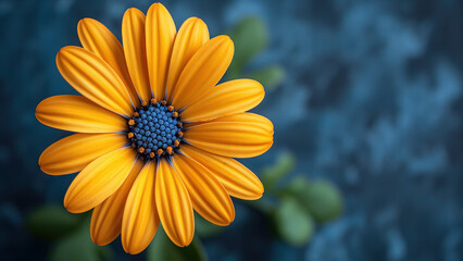 Single yellow flower isolated on a blue background with copy space