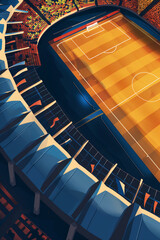 Illustration graphic vintage and modern style , Aerial View of a Modern Soccer Stadium at Night.