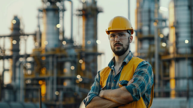 Front  view of a young male engineer with an oil refinery industrial plant in the background during the daytime.