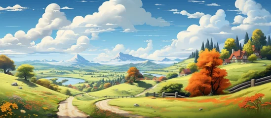 Foto op Aluminium A natural landscape painting featuring a road passing through a grassy plain with lush green trees under a sky filled with fluffy cumulus clouds © AkuAku