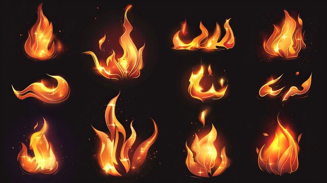 Isolated vector illustration of a realistic fire flame set of small and large bright elements on a black background