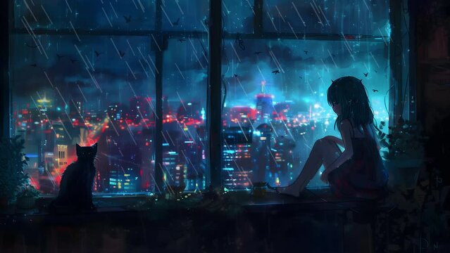 A girl with short hair stands by the window, looking at the night city lights. She is wearing black and has her side to us. wearing headphones , The background features neon lighting from buildings . 