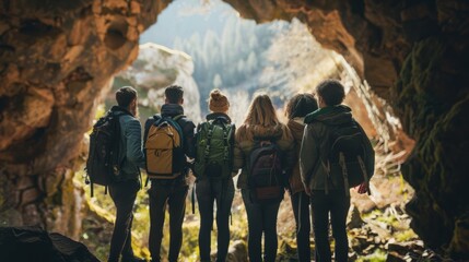 A group of travelers stand at the entrance of a mysterious portal backs facing the camera as they embark on a new journey. . .