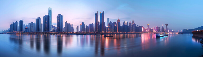 Fototapeta premium Elegant Atmosphere: Skyscrapers and Sea at Twilight