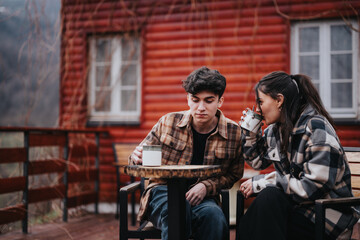 Young couple sits cozily on a porch, sharing intimate moments with a hot drink in a tranquil...