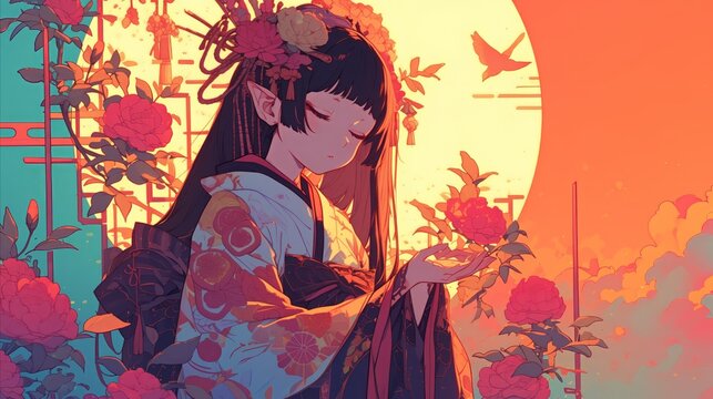 japanese art about miko girl,sitting in temple with a sunset background