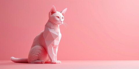 Pink cat statue sitting on top of a pink background with a white cat in the middle