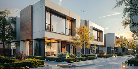 street in the city in house, Modern minimalist private houses residence, Rendering of a row of modern residential buildings in a residential area Rendering of a row of modern houses  generative ai, 