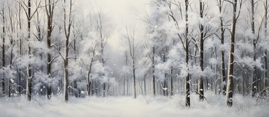 A beautiful natural landscape painting of a snowy forest with trees covered in snow, depicting a...