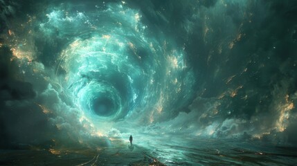 A depiction of a person traveling through a series of wormholes representing the idea of multiple timelines and parallel universes within the fourth dimension.
