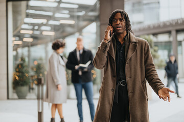 Obraz premium Stylish businessman talking on phone in urban setting during winter season.