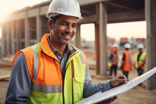 Male construction manager oversees architecture at construction building site