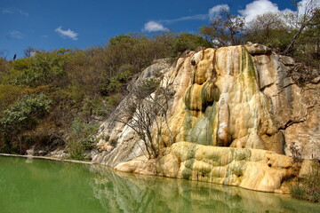 Tavertine waterfall rock formation above a pool at Hierve el Agua in Oaxaca, Mexico