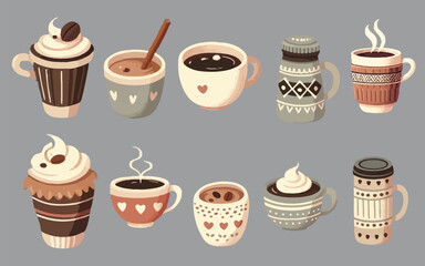 Set of cute coffee cups and mugs. Hand drawn vector illustration. Gray background. Isolated items.
