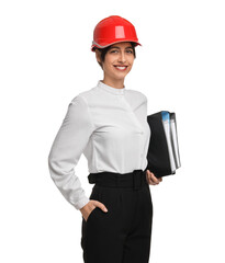Architect with hard hat and folders on white background