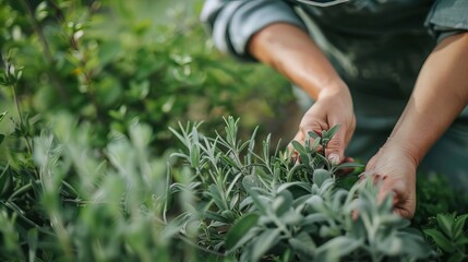 Person harvesting rosemary herb in a garden - obrazy, fototapety, plakaty