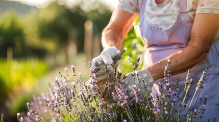 Woman picking fresh lavender herbs in the garden