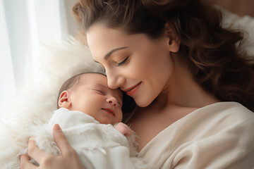 Fototapeta na wymiar Close-up portrait of a beautiful young mother holding a newborn baby