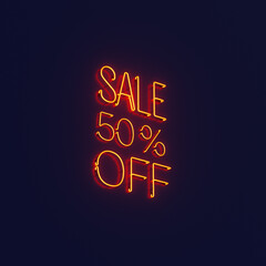 50% off. Sale banner. Glowing neon sign on a dark blue reflected background. 3D rendering. Yellow sale inscription with a bright glow in the night.