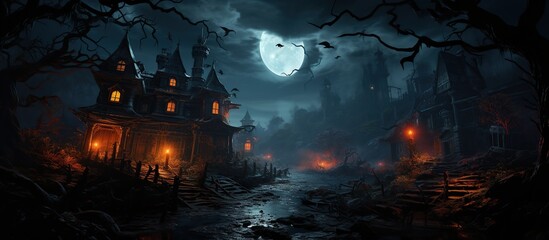Halloween background with haunted house and full moon.