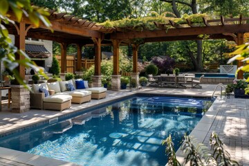 Luxurious backyard with pool and lounge area under pergola.