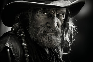 Monochrome portrait of an old pirate in a wide-brimmed hat, cinematic style emotional portrait