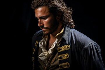 Profile of a young emotional handsome pirate captain in open vest, cinematic style portrait