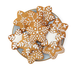 Tasty star shaped Christmas cookies with icing isolated on white, top view