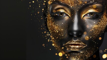 Striking portrait of a person with golden textured skin and sparkles, Concept of avant-garde, luxury, and artistic makeup

