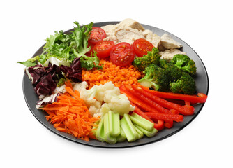 Balanced diet and healthy foods. Plate with different delicious products isolated on white