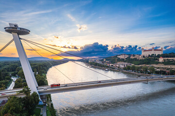 Bratislava, Slovakia - Aerial sunset view above the Danube river and Bratislava