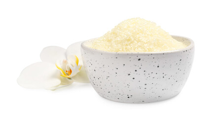 Sea salt in bowl and flower isolated on white