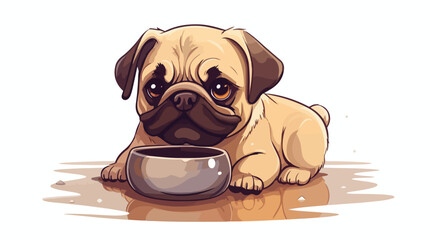 Cute pug dog character drinking water from a bowl p - obrazy, fototapety, plakaty