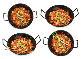 Woks with shrimp stir fry and vegetables isolated on white, set