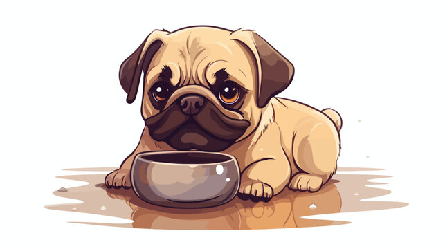 Cute pug dog character drinking water from a bowl p