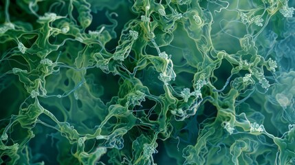 An overhead view of a tangled mass of bluegreen algae filaments with intricately patterned structures resembling tiny leaves or branches. - obrazy, fototapety, plakaty