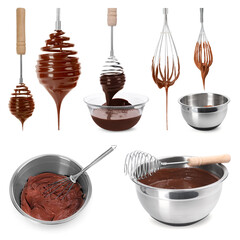 Whisks with chocolate cream isolated on white, set