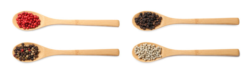 Aromatic spices. Different types of peppercorns in spoons isolated on white, top view