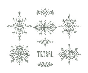 Abstract vector logo templates inspired by tribal and Indigenous art. Geometric angles and freehand elements create decorative designs.