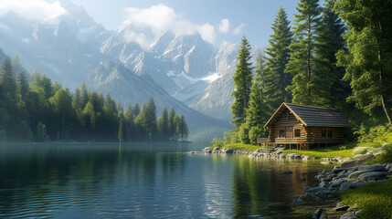 A cabin is situated on a lake surrounded by trees - obrazy, fototapety, plakaty