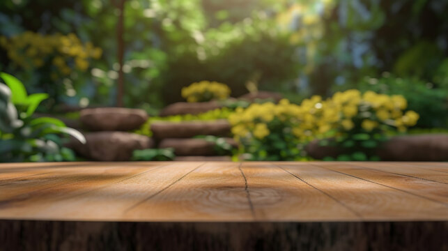 a wooden table top in the garden